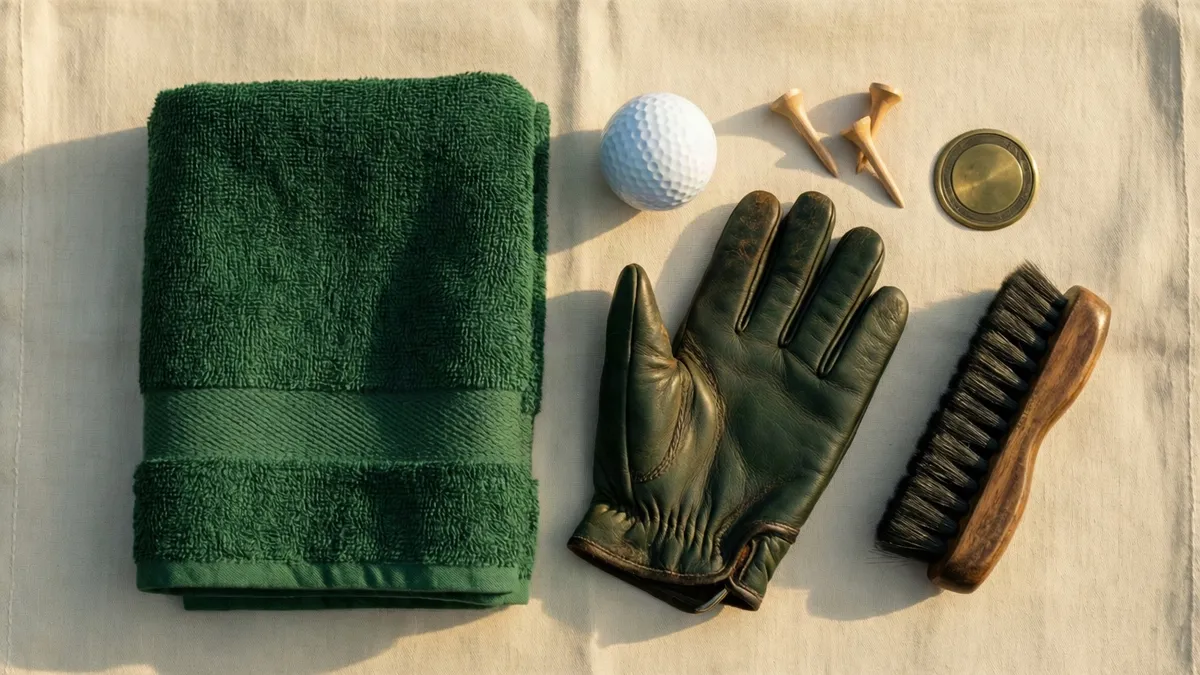 A dark green folded towel, a worn leather glove, a white golf ball, two wooden tees, a brass ball marker and a wooden brush laid out on cream linen in warm side light